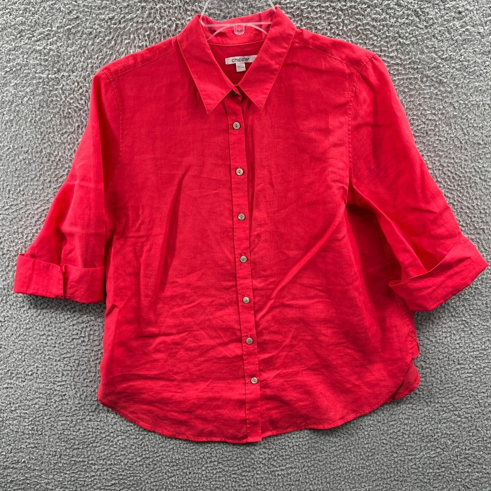 Chicos Women Linen Shirt L Minimalist Quiet Luxury Capsule Relaxed Resort Travel